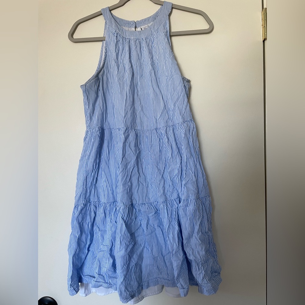 Light blue and white thin striped dress high collar sleeveless